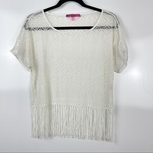 Derek Heart Sheer Lace Fringe Top Western Festival Boho Short Sleeve Women’s M